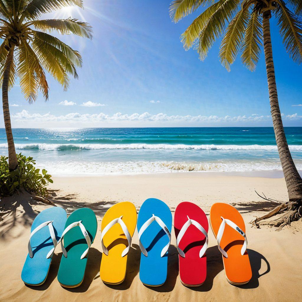 A serene beach scene featuring colorful beach attire laid out on golden sand, with vibrant surfboards resting against a palm tree, people enjoying the surf in the background, and a bright sun shining overhead. Include flip-flops, sun hats, and sunglasses scattered in the foreground. beach vibes. tropical colors. bright and lively atmosphere. super-realistic.