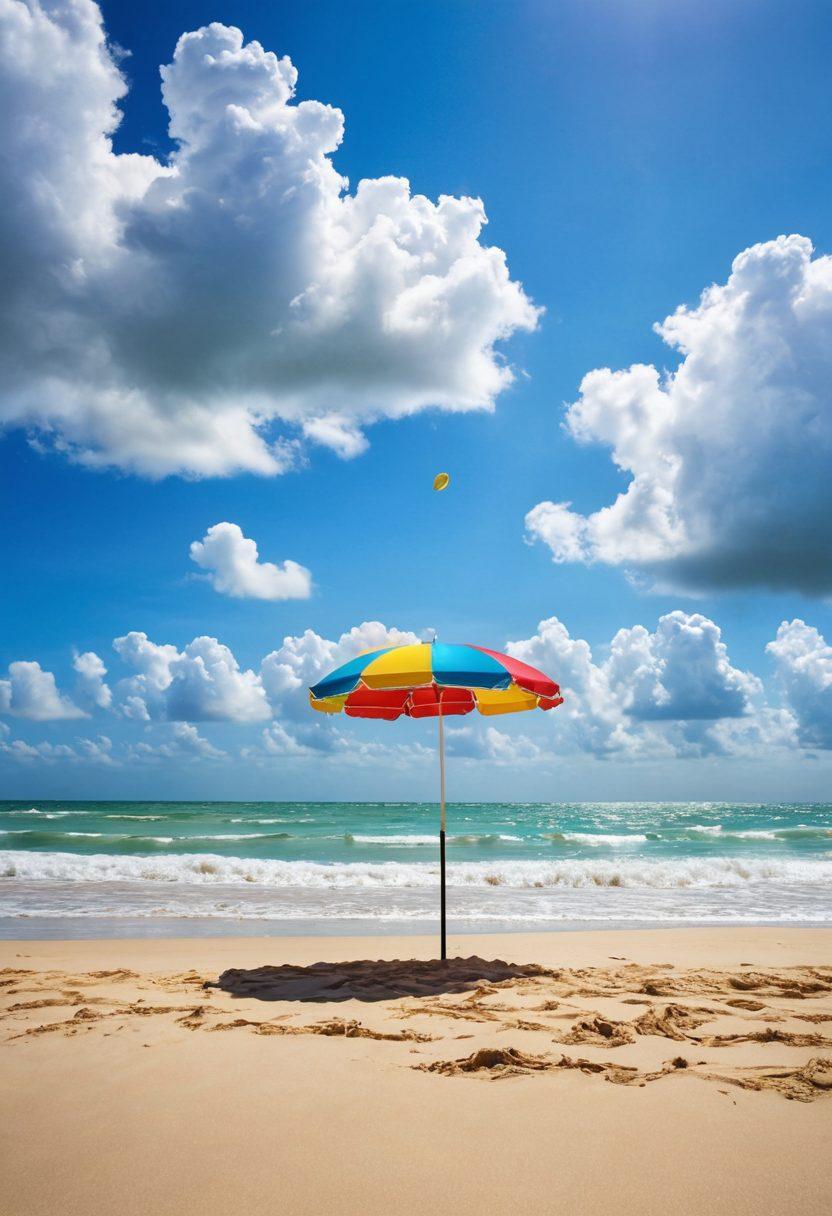 An idyllic beach scene in Galveston, showcasing colorful beachwear laid out on a sandy shore. Include vibrant umbrellas, stylish sunglasses, and a beach ball, with waves gently lapping at the edge. A sunny sky with fluffy clouds adds to the tropical vibe, and silhouettes of people enjoying the water in the background. The overall feel should be refreshing and inviting. vibrant colors. super-realistic.